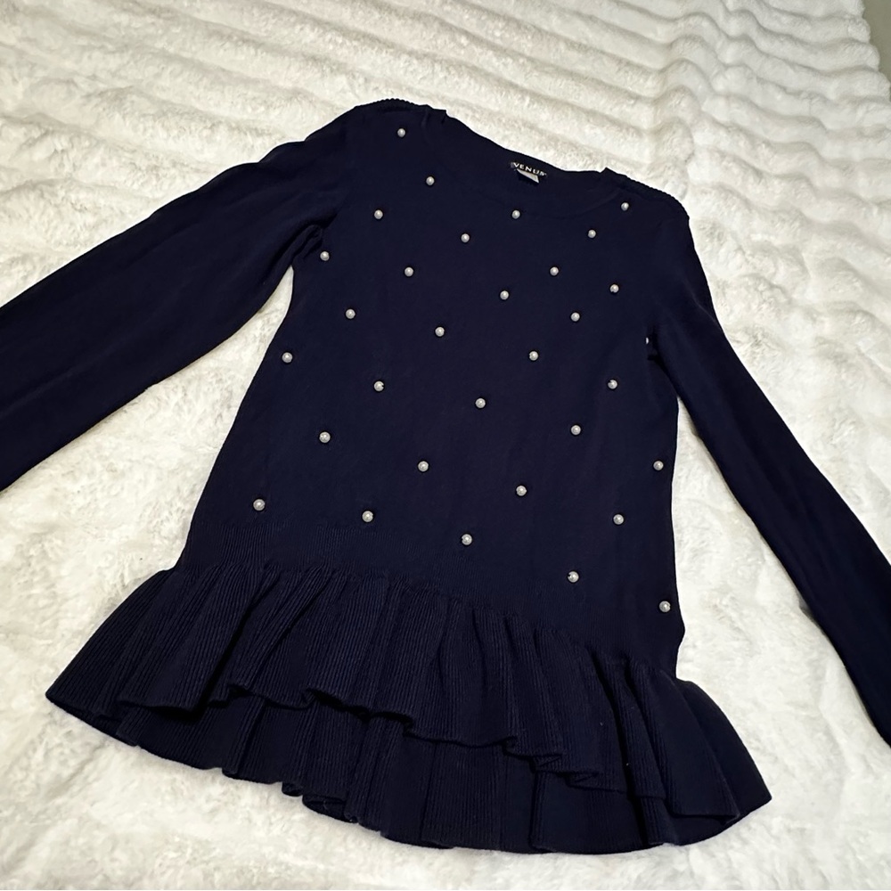 Woman’s Blouse Venus Dark Blue Long Sleeve Pearl Accent Ruffles Size Medium